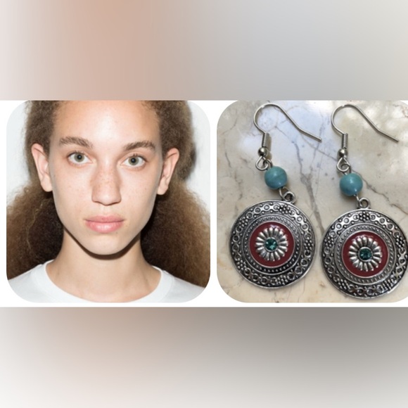 Boho Silver Round Turquoise Bead Drop  Earrings - Picture 14 of 14